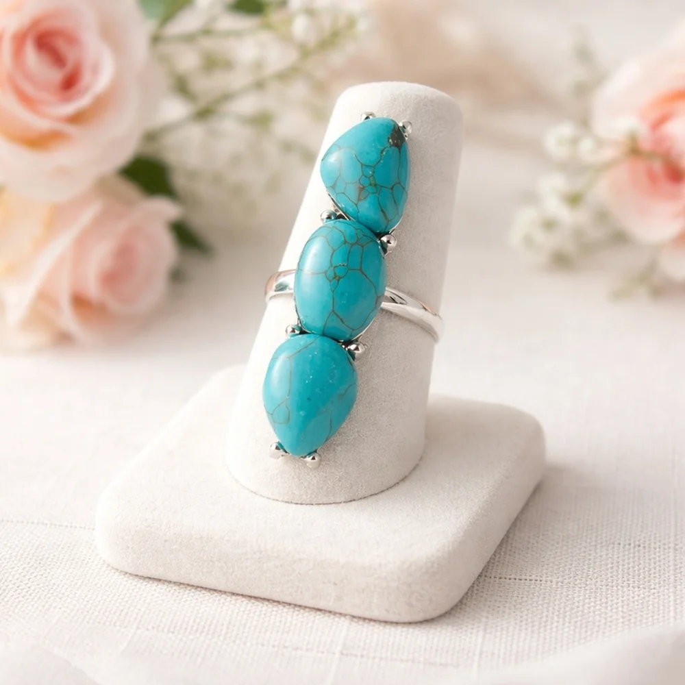 Southwestern Turquoise Triple Stone Silver Statement Ring